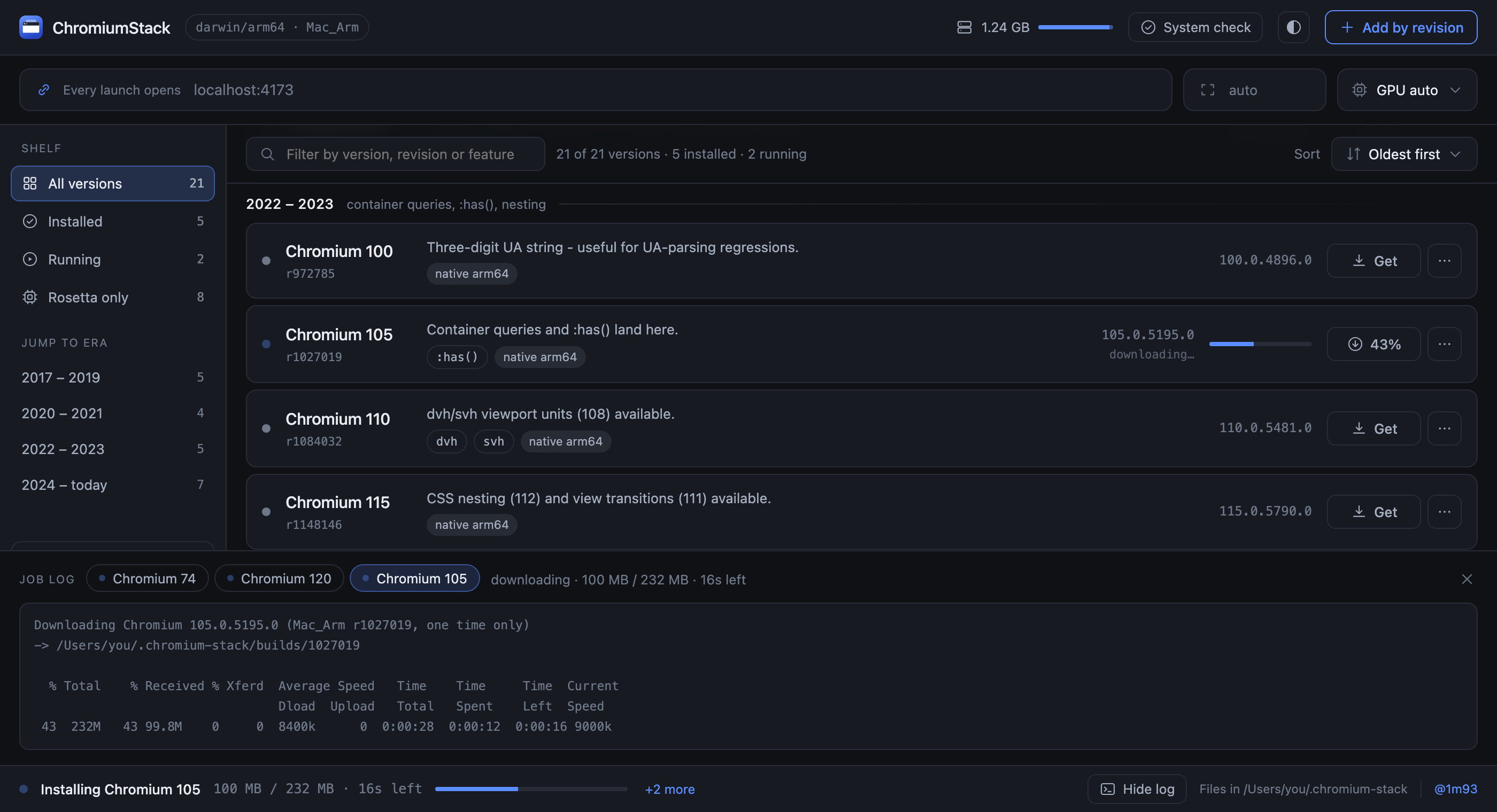 Three jobs running at once: Chromium 105 downloading at 43 percent with 100 MB of 232 MB transferred and 16 seconds left, two other versions already open, and the job log switching between all three