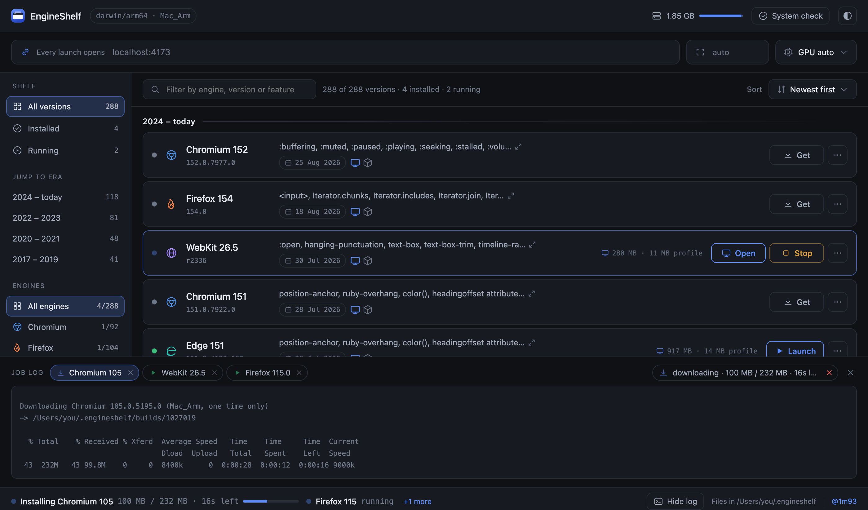 Four engines on one shelf, each row led by its engine's mark and followed by what that release was first to support: Chromium 152, Firefox 154, WebKit 26.5 open and offering Stop and Open, Chromium 151, Edge 151 installed. Along the bottom, the job log has a tab per job — Chromium 105, WebKit 26.5, Firefox 115 — showing curl's download meter at 43 percent, with 100 MB of 232 MB transferred and 16 seconds left